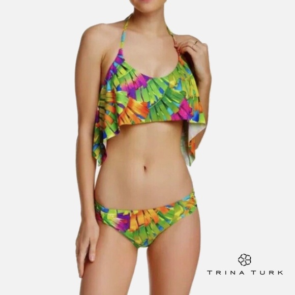 Trina Turk // Polynesian Palms Flutter Top & Hipster Bottom Bikini, Size… - Picture 1 of 8